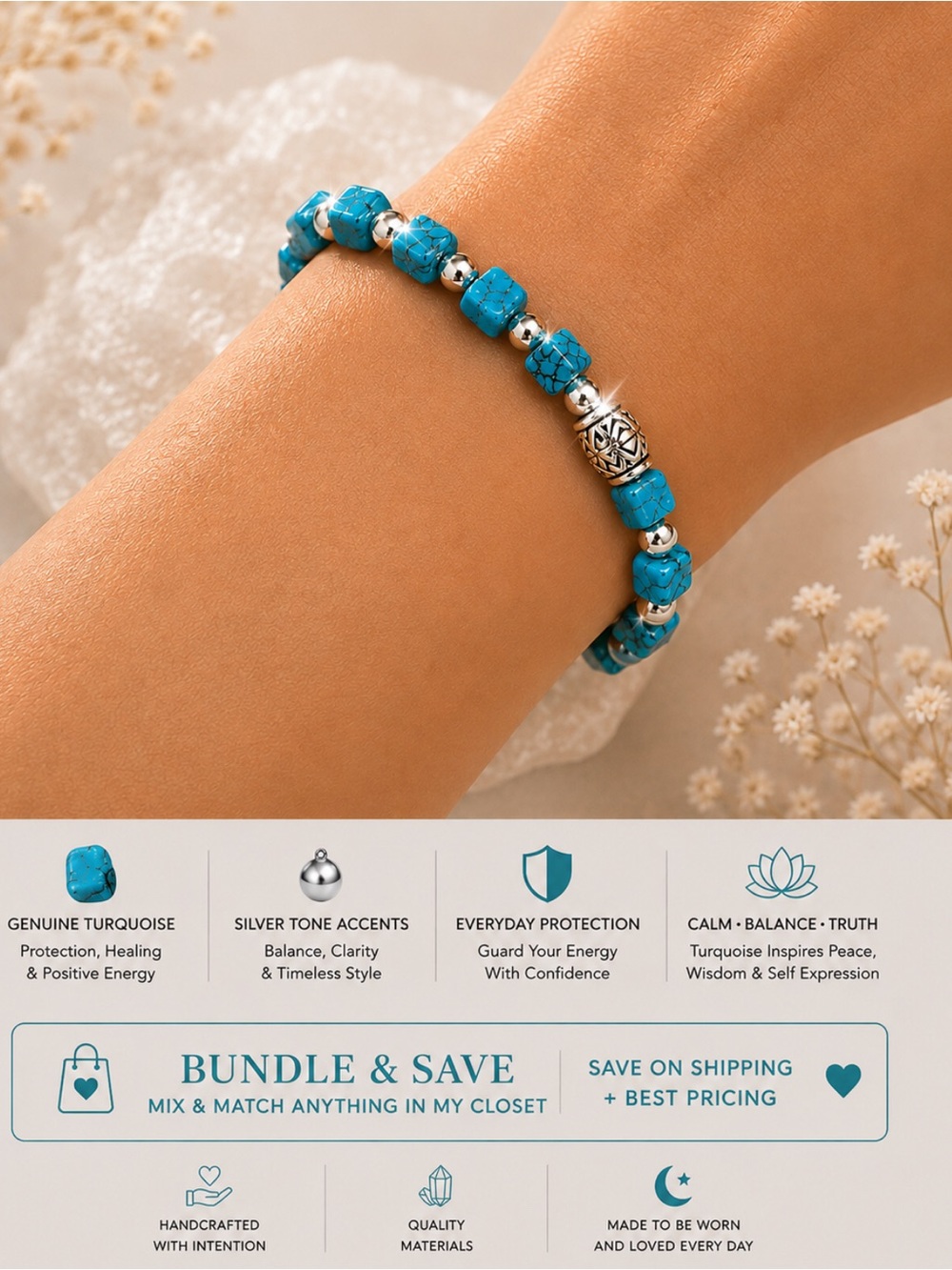 2 for $30 Turquoise Genuine Stone, Silver-Tone stretch Bracelet